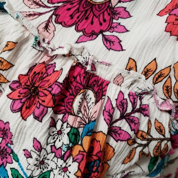 White & pink floral Medium ruffle sleeve v neck blouse stretch Spring - Picture 7 of 7